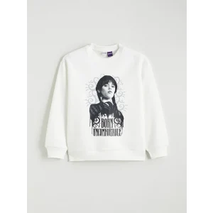 LCW Kids Ekru Wednesday Baskılı Kız Çocuk Kalın Sweatshirt