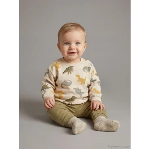 LCW baby Ekru Dinozor Baskılı Erkek Bebek Sweatshirt ve Eşofman Alt