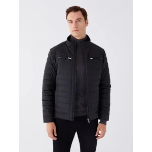 LCWAIKIKI Classic Siyah Standart Kalıp Dik Yaka Erkek Deri Görünümlü Mont