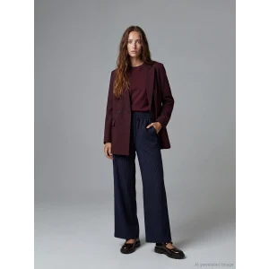 XSIDE Lacivert Beli Lastikli Çizgili Geniş Paça Kadın Pantolon