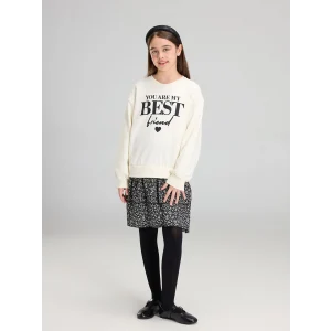 LCW Kids Ekru Bisiklet Yaka Baskılı Kız Çocuk Elbise