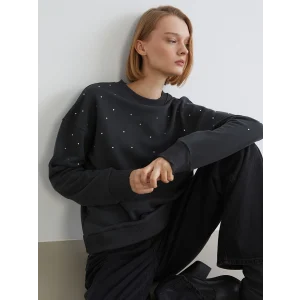 LCW Vision Antrasit Bisiklet Yaka Taşlı Oversize Kadın Sweatshirt