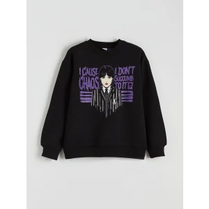 LCW Kids Siyah Wednesday Baskılı Kız Çocuk Kalın Sweatshirt