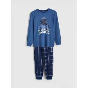 LCW Kids Mavi Bisiklet Yaka Baskılı Erkek Çocuk Pijama Takım