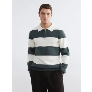 LCW Vision Yeşil Polo Yaka Çizgili Erkek Triko Kazak