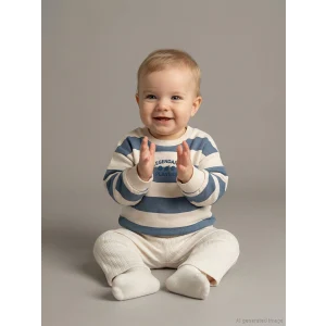 LCW baby Ekru Bisiklet Yaka Çizgili Erkek Bebek Sweatshirt ve Eşofman Alt