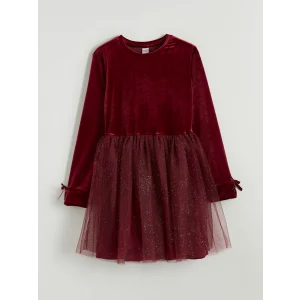 LCW Kids Bordo Bisiklet Yaka Kadife Kız Çocuk Tütü Elbise
