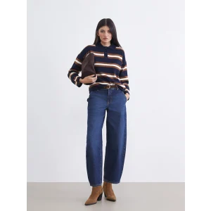 LCW Jeans İndigo Beli Kemerli Barrel Fit Kadın Jean Pantolon