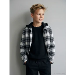 LCW Kids Gri Kapüşonlu Ekose Erkek Çocuk Gömlek