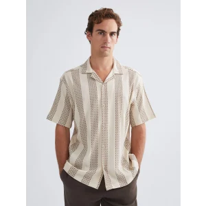 LCW Vision Bej Regular Fit Resort Yaka Kısa Kollu Çizgili Erkek Gömlek