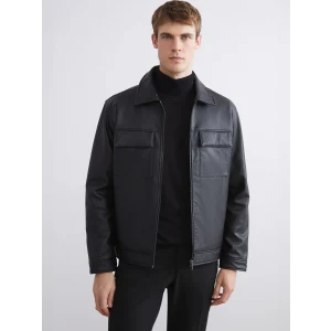 SOUTHBLUE Siyah Standart Kalıp Gömlek Yaka Erkek Deri Görünümlü Mont