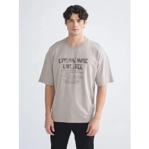 XSIDE Bej Bisiklet Yaka Baskılı Penye Erkek Tişört