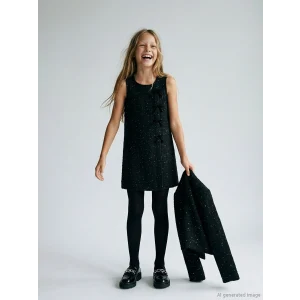 LCW Kids Siyah Bisiklet Yaka Fiyonk Detaylı Kız Çocuk Tüvit Elbise