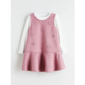 LCW Kids Pembe Bisiklet Yaka Çiçekli Kız Çocuk Elbise ve Tişört