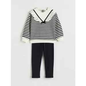 LCW Kids Siyah Bebe Yaka Çizgili Kız Çocuk Sweatshirt ve Tayt