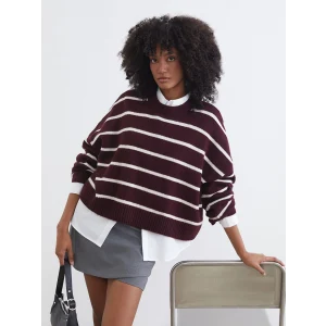 XSIDE Bordo Bisiklet Yaka Çizgili Oversize Kadın Triko Kazak