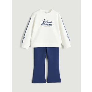 LCW Kids Ekru Bisiklet Yaka Baskılı Kız Çocuk Sweatshirt ve Tayt