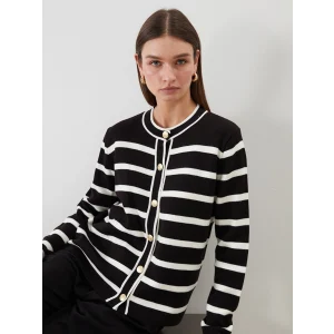 LCW Modest Ekru Bisiklet Yaka Çizgili Kadın Triko Hırka