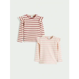 LCW baby Ekru Bisiklet Yaka Fırfırlı Çizgili Kız Bebek Tişört 2li