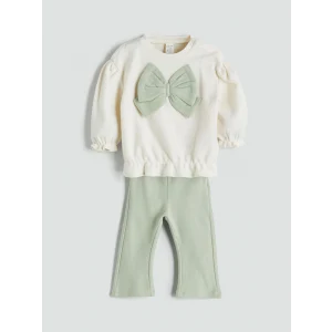 LCW baby Ekru Fiyonk Detaylı Yumuşak Dokulu Kız Bebek Sweatshirt ve Tayt