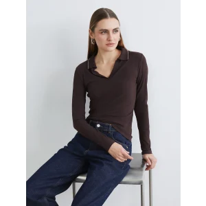 LCWAIKIKI Classic Kahverengi Polo Yaka Fitilli Kadın Tişört