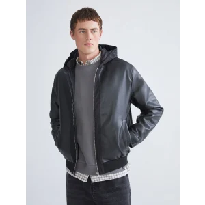XSIDE Siyah Standart Kalıp Kapüşonlu Erkek Deri Görünümlü Ceket