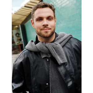 XSIDE Siyah Rahat Kalıp Dik Yaka Erkek Deri Görünümlü Ceket