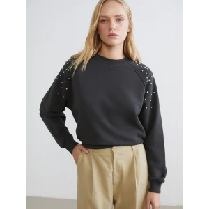 LCW Vision Antrasit Bisiklet Yaka Taşlı Oversize Kadın Sweatshirt