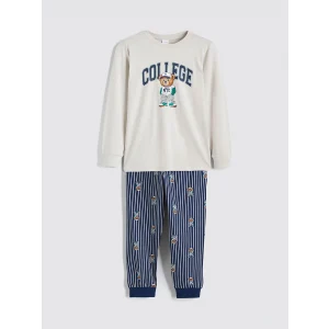 LCW Kids Gri Bisiklet Yaka Ayı Teddy Baskılı Erkek Çocuk Pijama Takımı