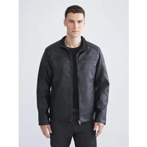 LCWAIKIKI Classic Siyah Standart Kalıp Erkek Deri Görünümlü Ceket