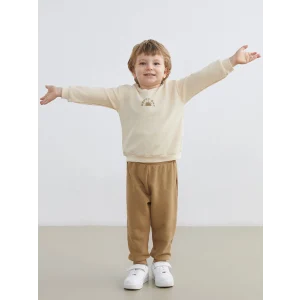 LCW baby Bej Bisiklet Yaka Erkek Bebek Sweatshirt ve Eşofman Altı