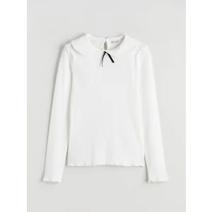 LCW Kids Ekru Bebe Yaka Fiyonk Detaylı Kız Çocuk Tişört