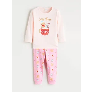 LCW Kids Pembe Bisiklet Yaka Baskılı Uzun Kollu Kız Çocuk Pijama Takımı