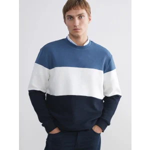 LCW Vision Mavi Bisiklet Yaka Renk Bloklu Erkek Sweatshirt