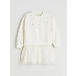 LCW Kids Ekru Bisiklet Yaka Taşlı Kız Çocuk Tütü Elbise