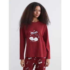 LCW Young Bordo Bisiklet Yaka Baskılı Kadın Pijama Takımı