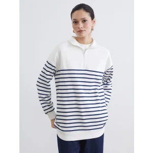 LCW Modest Lacivert Dik Yaka Çizgili Kadın Kalın Sweatshirt Tunik