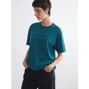 LCW Vision Petrol Bisiklet Yaka Baskılı Oversize Kadın Tişört