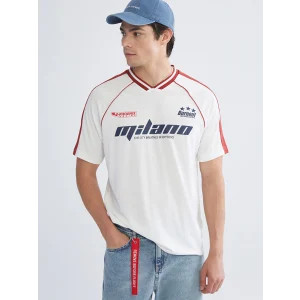 XSIDE Ekru V Yaka Kısa Kollu Baskılı Erkek Tişört