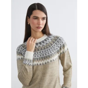 LCWAIKIKI Classic Bej Bisiklet Yaka Desenli Kadın Triko Kazak