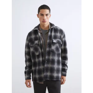 XSIDE Siyah Rahat Kalıp Uzun Kollu Ekose Erkek Gömlek Ceket