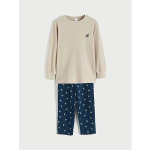 LCW Kids Bej Bisiklet Yaka Baskılı Erkek Çocuk Pijama Takım