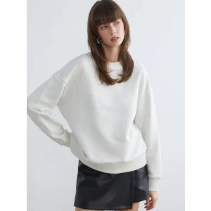 LCW Vision Bej Bisiklet Yaka Taşlı Oversize Kadın Sweatshirt