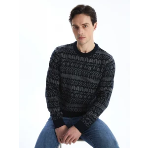 LCWAIKIKI Classic Lacivert Bisiklet Yaka Uzun Kollu Desenli Erkek Triko Kazak