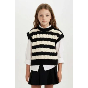 Defacto C9657A8BK27 Siyah Kız Çocuk Çizgili Bisiklet Yaka Örgü Desenli Triko Süveter