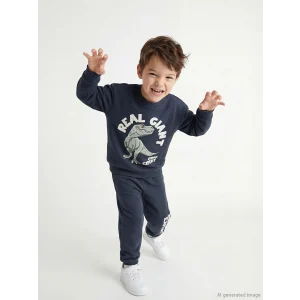 LCW Kids Antrasit Bisiklet Yaka Dinozor Baskılı Erkek Çocuk Sweatshirt ve Eşofman Altı