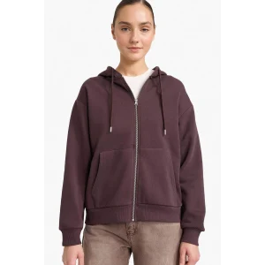 Defacto C1809AXBN340 Kahve Relax Fit Kapüşonlu Basic Düz Kalın Fermuarlı Sweatshirt