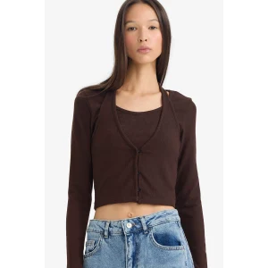 Defacto G3668AXBN304 Kahve Halter Yaka Katmanlı Ribana Uzun Kollu Tişört