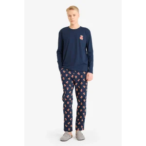 Defacto G7393AXNV135 Lacivert Pijama Takımı Regular Fit Ayıcık Baskılı Uzun Kollu Üst Uzun Alt