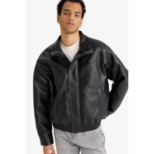 Defacto D2427AXBK27 Siyah Su İtici Oversize Fit Geniş Kalıp Dik Yaka İç Cepli Çıtçıt Kapamalı Beli Lastikli Deri Ceket Mont